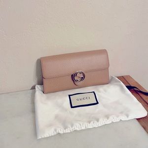 Gucci Calfskin Dollar Interlocking G Continental Wallet Beige & Gold
